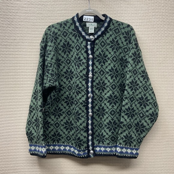 Vintage L.L. Bean Green Black Nordic Snowflake Wool Cardigan Sweater USA Large - Picture 3 of 7